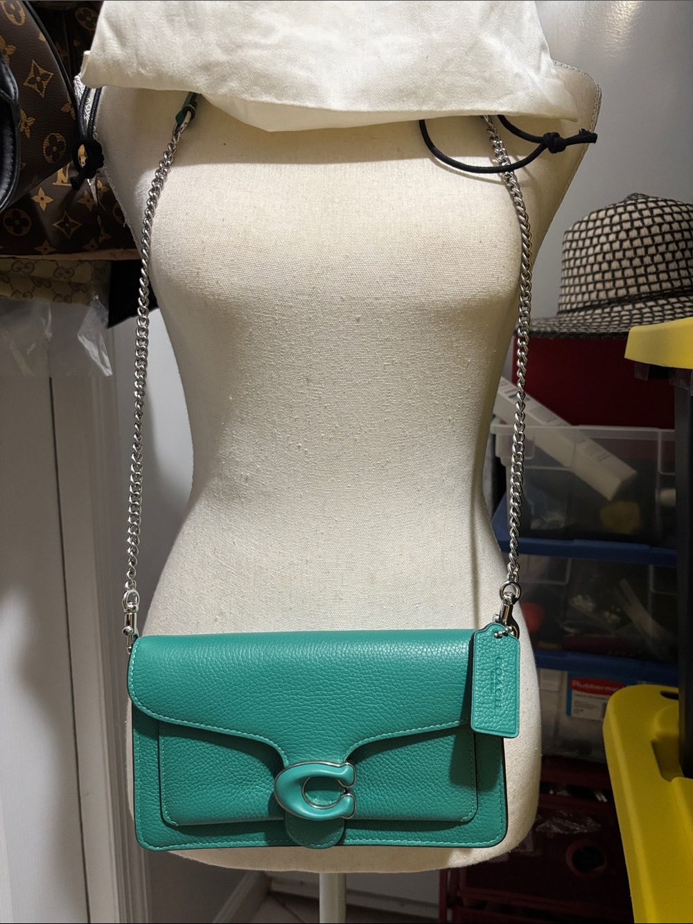 Coach Teal Green Pebbled Leather Chain Crossbody Bag